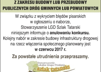 LGD: Anulowanie konkursu z zakresu budowy/przebudowy dróg