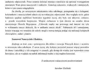 List Pana Posła Jarosława Zielińskiego z okazji zakończenia roku szkolnego 2016/2017